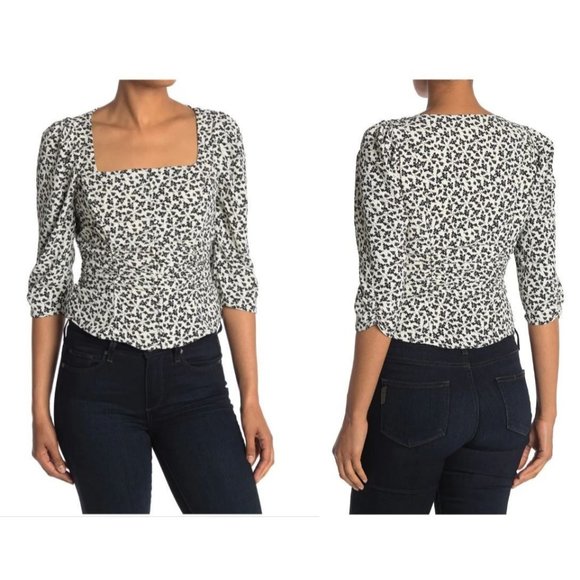 NWT ASTR the Label Button Front Ruched Floral Top L Square Neck Black/White - Picture 1 of 10